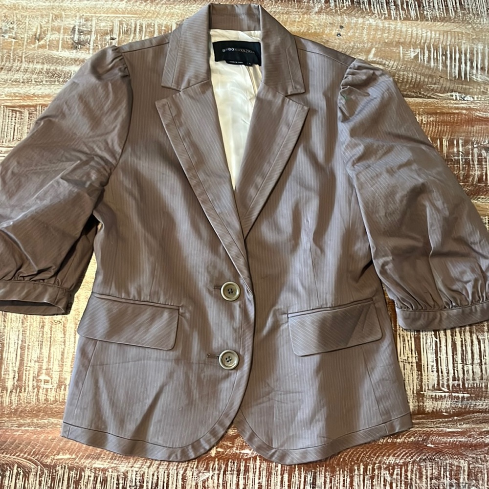 BCBGMaxAzria tan pin striped short sleeved puffed blazer